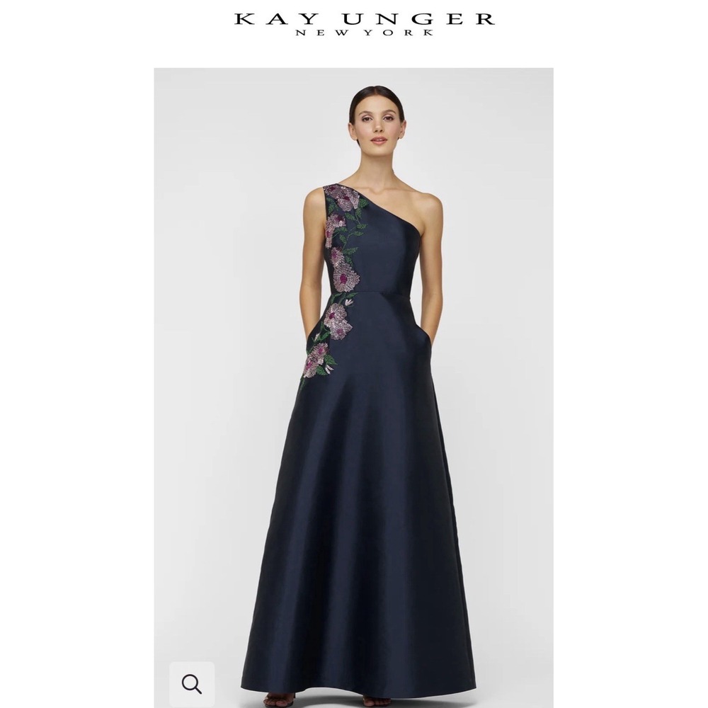 NWT Kay Unger Giada Gown Formal Dark Midnight Floral Beaded One Shoulder Sz 6